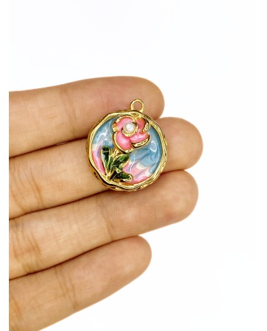 Çelik Oval Plaka Mineli Çiçek Figürlü Kolye Bileklik Ucu Charm Altın Renk 1 Adet