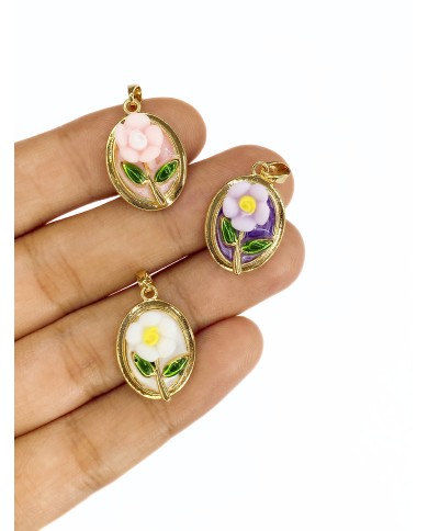 Oval Çiçek Figürlü Kolye Bileklik Ucu Charm Altın Mor 1 Adet