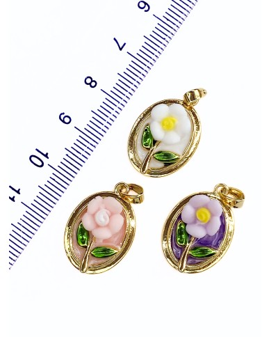 Oval Çiçek Figürlü Kolye Bileklik Ucu Charm Altın Pembe 1 Adet