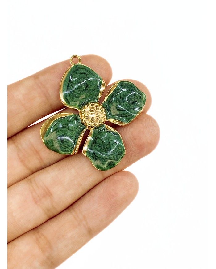 Çiçek Kolye Bileklik Ucu Charm Altın Yeşil 1 Adet