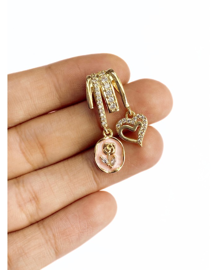 Zirkon Taşlı Kalp Gül Detaylı Kolye Bileklik Ucu Charm Pembe 1 Adet