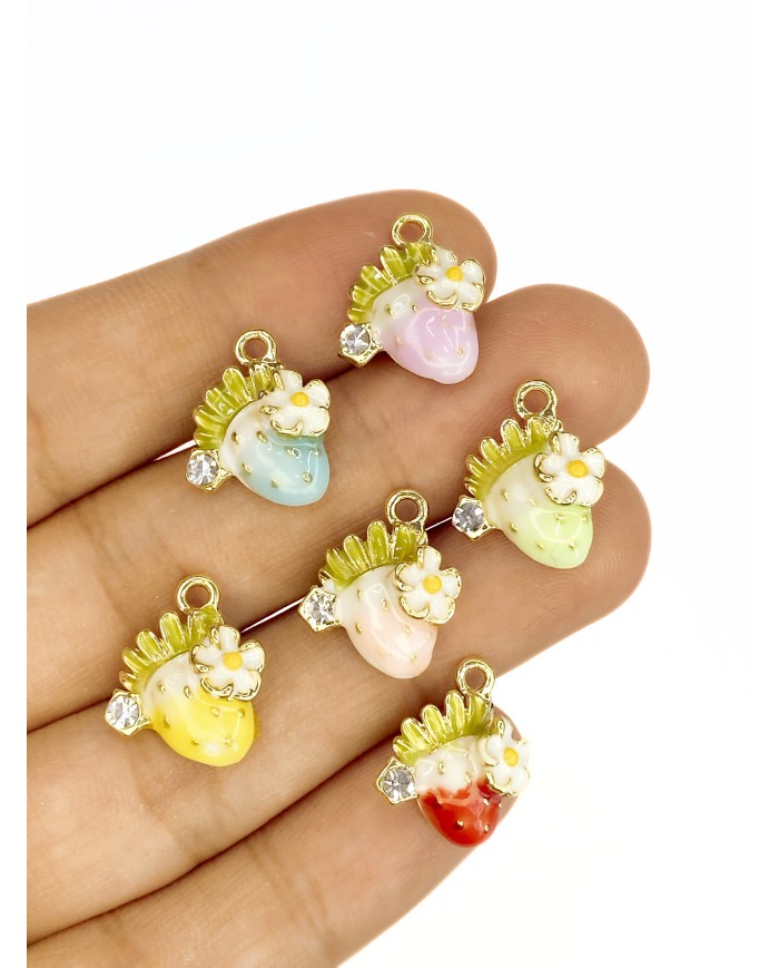 Taşlı Papatyalı Çilek Kolye Bileklik Ucu Charm Pembe 1 Adet