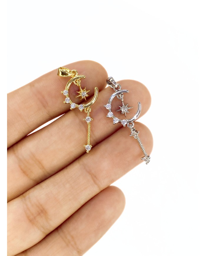 Sallantılı Zirkon Taşlı Ay Yıldız Kolye Bileklik Ucu Charm Gümüş 1 Adet