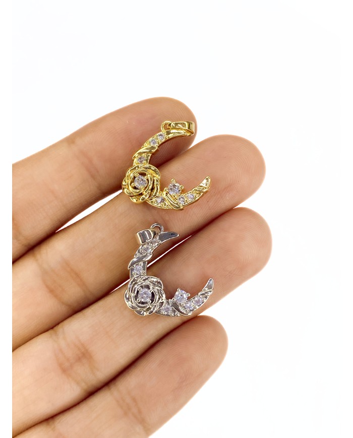 Zirkon Taşlı Gül Detaylı Ay Kolye Bileklik Ucu Charm Gümüş 1 Adet