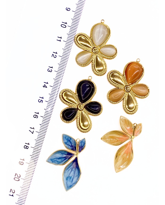 Çelik Mineli Yarım Çiçek Kolye Bileklik Ucu Charm Altın Mavi 1 Adet