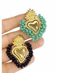 Çelik Mineli Boncuklu Kalp Kolye Bileklik Ucu Charm Yeşil 1 Adet