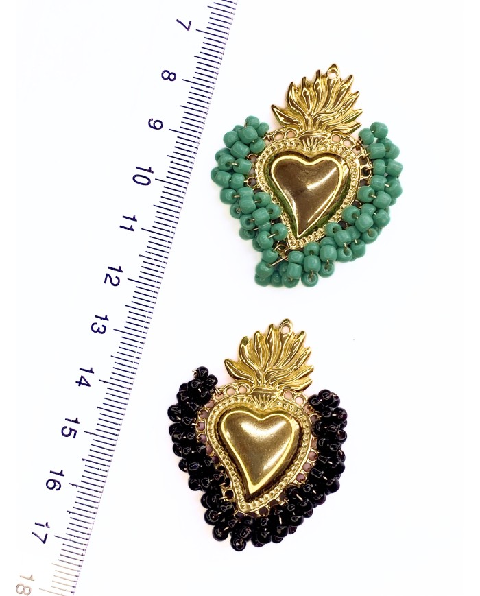 Çelik Mineli Boncuklu Kalp Kolye Bileklik Ucu Charm Yeşil 1 Adet