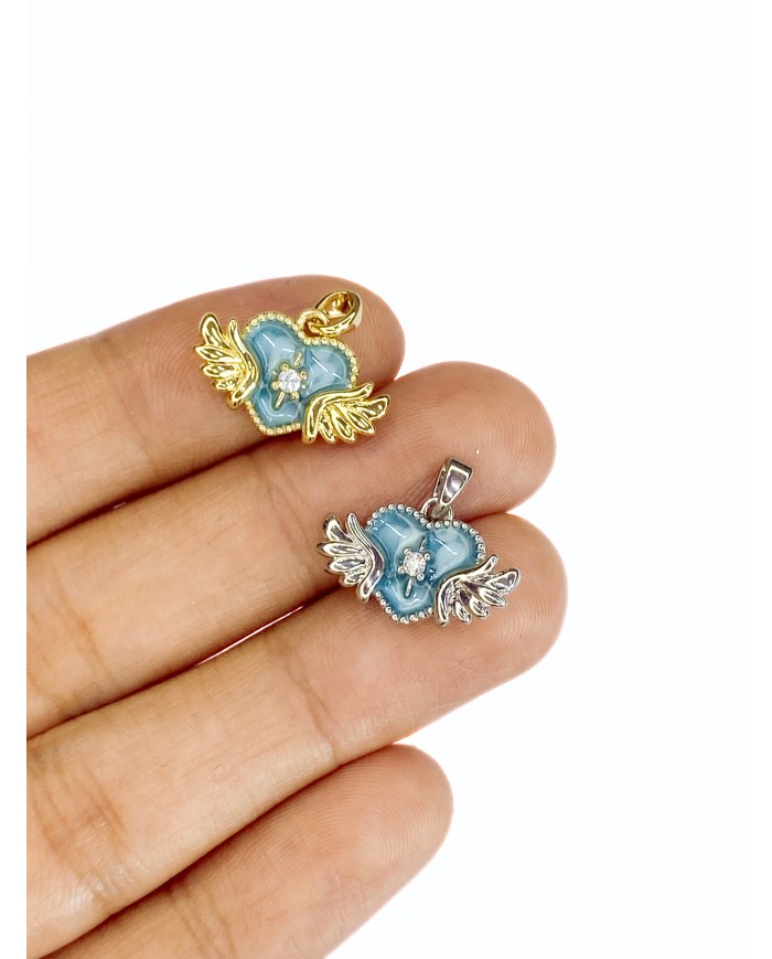 Pirinç Zirkon Taşlı Kalp Kanat Kolye Bileklik Ucu Charm Altın 1 Adet