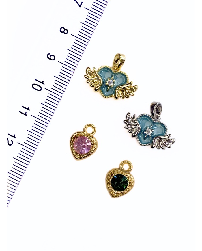 Pirinç Zirkon Taşlı Kalp Kanat Kolye Bileklik Ucu Charm Altın 1 Adet