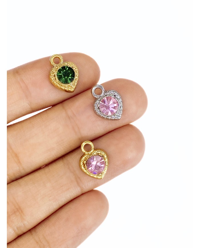 Pirinç Zirkon Taşlı Kalp Kanat Kolye Bileklik Ucu Charm Gümüş Pembe 1 Adet