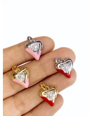 Pirinç Zirkon Taşlı Kalp Kolye Bileklik Ucu Charm Gümüş Pembe 1 Adet