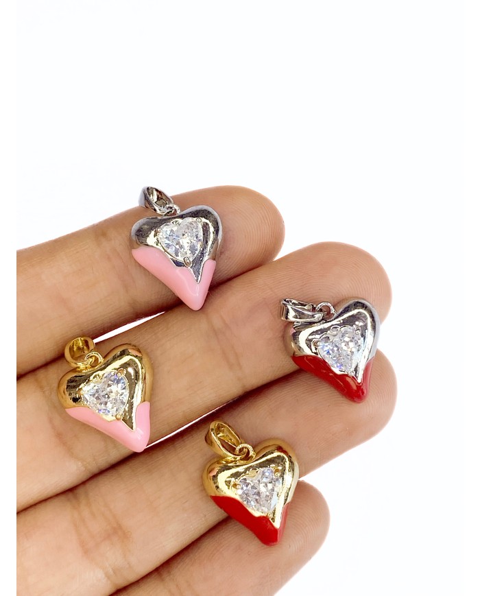 Pirinç Zirkon Taşlı Kalp Kolye Bileklik Ucu Charm Gümüş Pembe 1 Adet