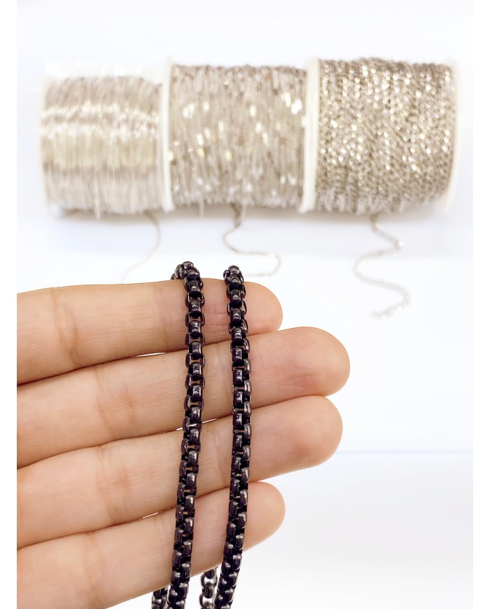 Çelik Geçmeli Kare Zincir Kolye Bileklik Siyah Renk mm - 1m