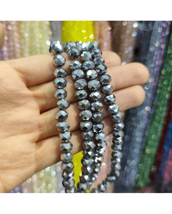 8mm İpe Dizili Kristal Boncuk Mat Janjanlı Gri - 10 Dizi