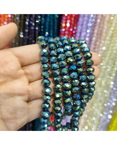 8mm İpe Dizili Kristal Boncuk Metalik Kaplama Janjanlı Petrol Mavisi - 10 Dizi