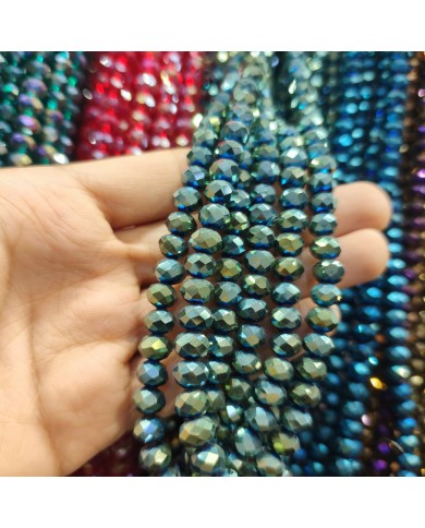 8mm İpe Dizili Kristal Boncuk Metalik Kaplama Janjanlı Mavi - 10 Dizi