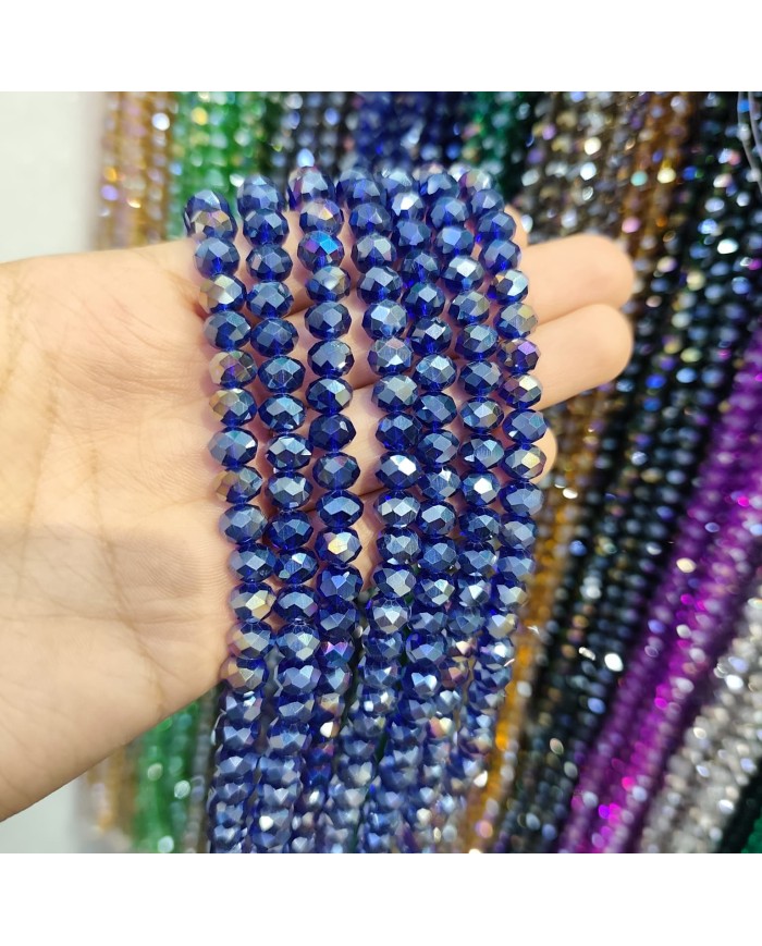 8mm İpe Dizili Kristal Boncuk Metalik Kaplama Aynalı Lacivert - 10 Dizi