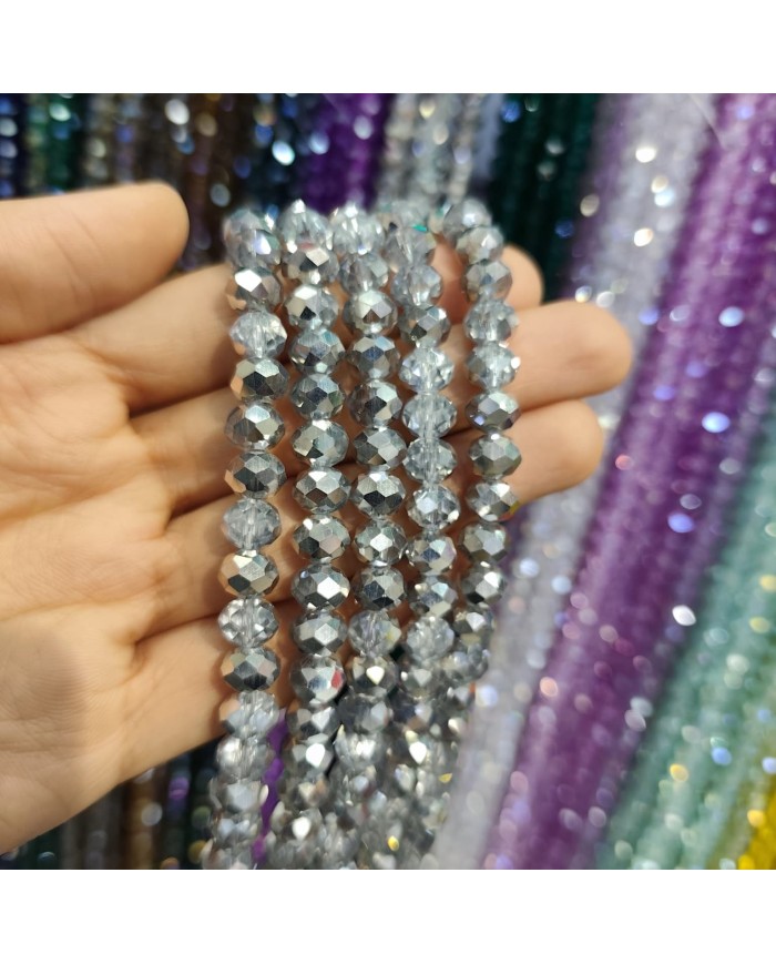 8mm İpe Dizili Kristal Boncuk Metalik Kaplama Aynalı Gri - 10 Dizi