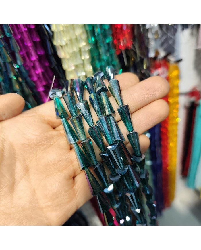 8x16mm İpe Dizili Deve Tabanı Huni Kristal Boncuk Şeffaf Koyu Yeşil - 1 Dizi