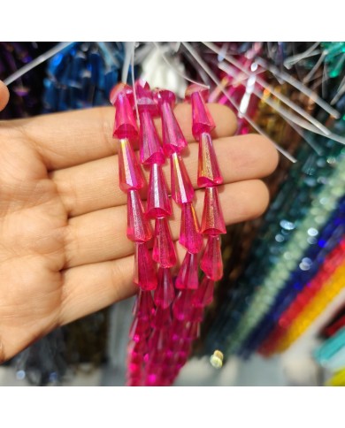 8x16mm İpe Dizili Deve Tabanı Huni Kristal Boncuk Şeffaf Fuşya - 1 Dizi