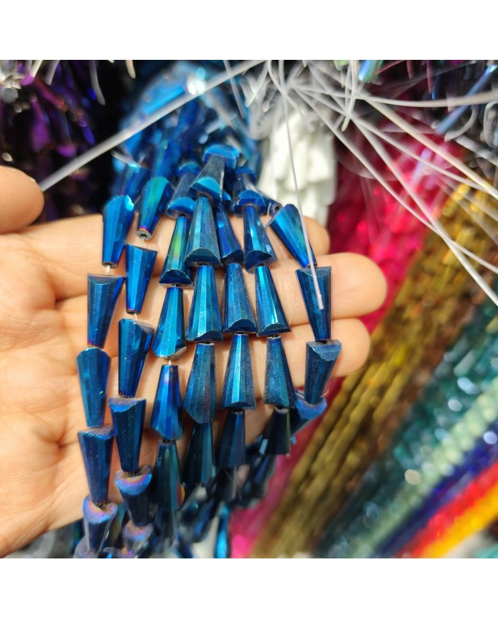 8x16mm İpe Dizili Deve Tabanı Huni Kristal Boncuk Metalik Kaplama Mavi - 1 Dizi