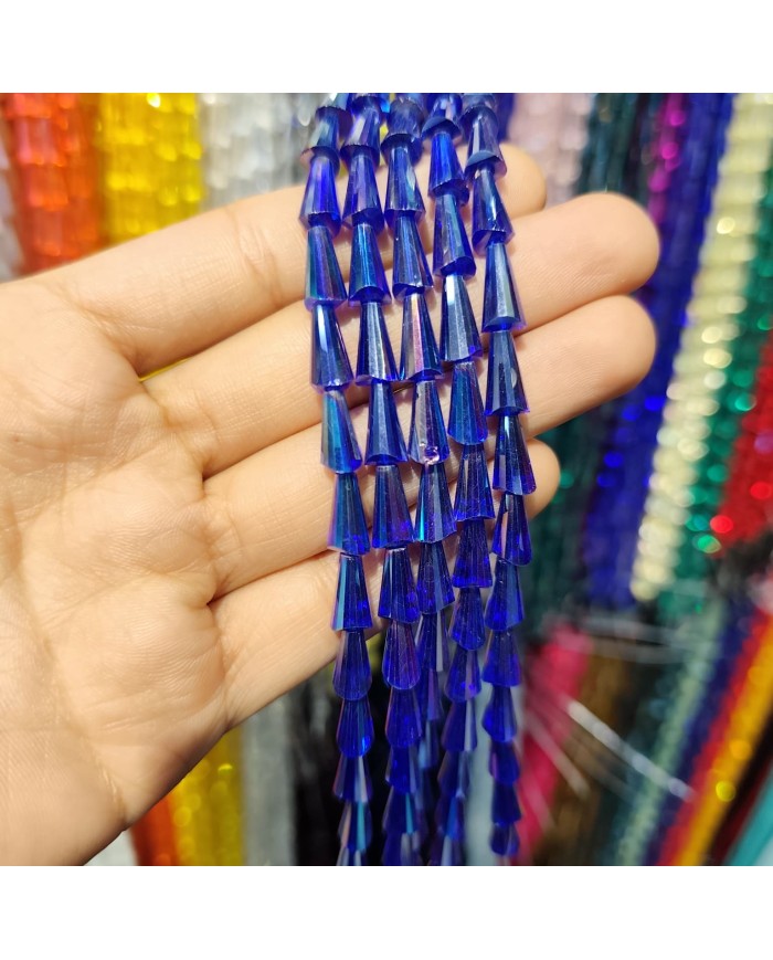 6x12mm İpe Dizili Deve Tabanı Huni Kristal Boncuk Şeffaf Koyu Mavi - 1 Dizi