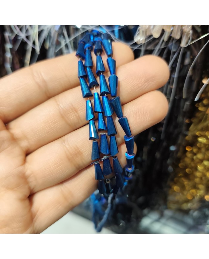 4x8mm İpe Dizili Deve Tabanı Huni Kristal Boncuk Metalik Kaplama Mavi - 1 Dizi