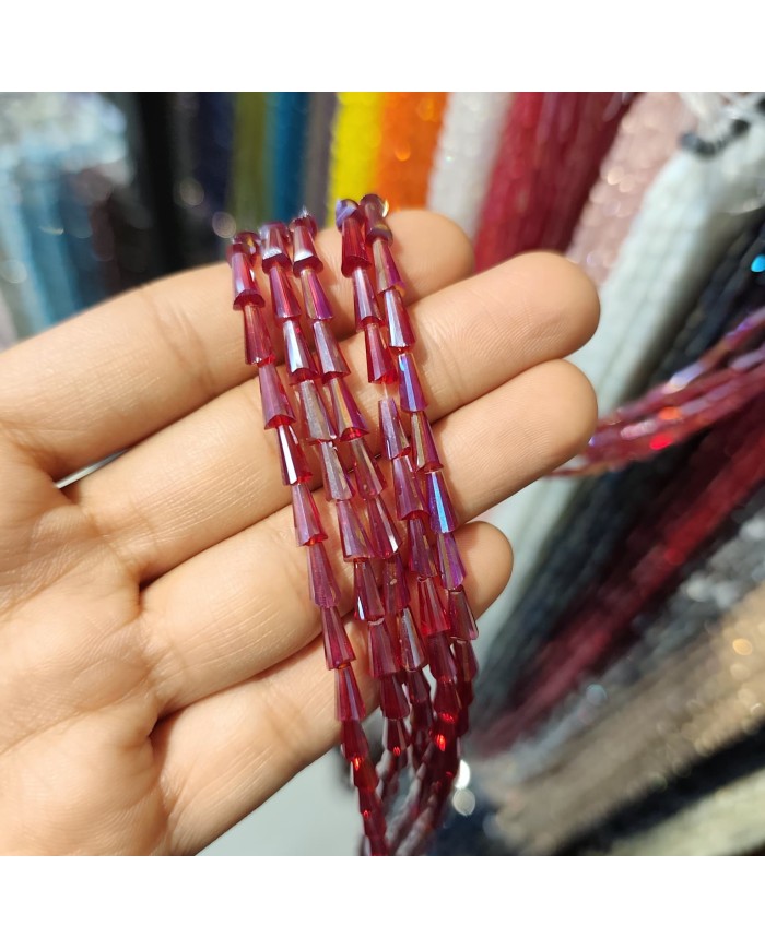 4x8mm İpe Dizili Deve Tabanı Huni Kristal Boncuk Şeffaf Koyu Kırmızı- 1 Dizi