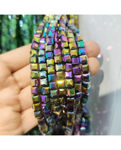 6mm İpe Dizili Küp Kristal Boncuk Metalik Kaplama Bukalemun - 1 Dizi