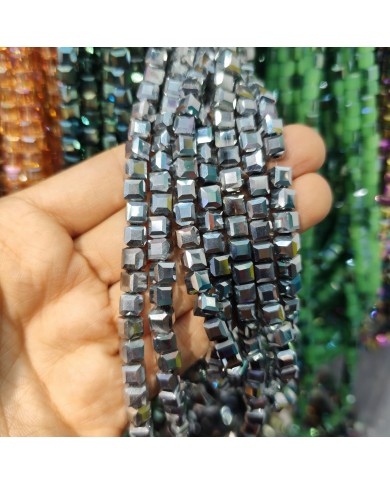 6mm İpe Dizili Küp Kristal Boncuk Metalik Kaplama Gri - 1 Dizi