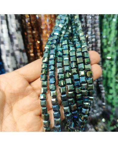 6mm İpe Dizili Küp Kristal Boncuk Metalik Kaplama Koyu Yeşil Mavi - 1 Dizi