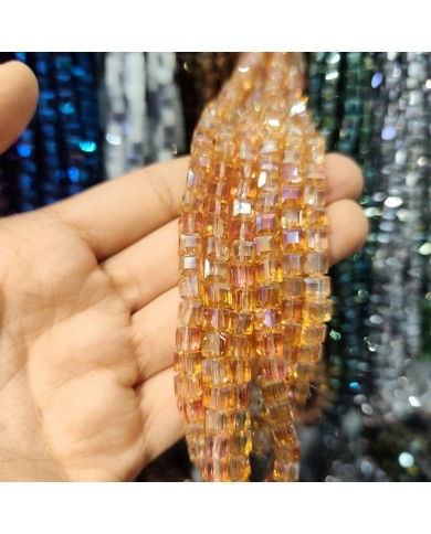 6mm İpe Dizili Küp Kristal Boncuk Şeffaf Turuncu Bal - 1 Dizi