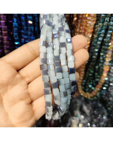 6mm İpe Dizili Küp Kristal Boncuk Metalik Kaplama Aynalı Beyaz Gri - 1 Dizi