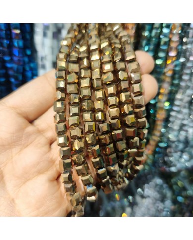 6mm İpe Dizili Küp Kristal Boncuk Metalik Kaplama Kahverengi Gold - 1 Dizi