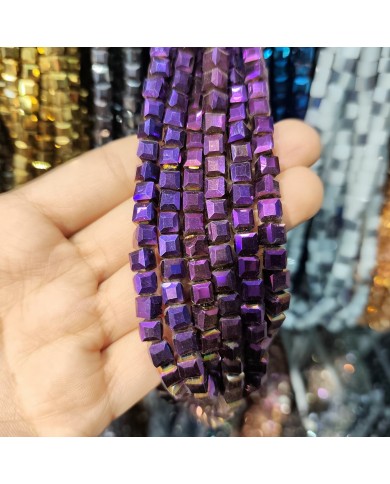 6mm İpe Dizili Küp Kristal Boncuk Metalik Kaplama Mor - 1 Dizi