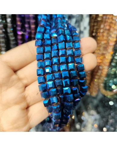 6mm İpe Dizili Küp Kristal Boncuk Metalik Kaplama Canlı Mavi - 1 Dizi