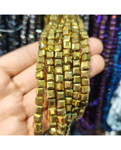 6mm İpe Dizili Küp Kristal Boncuk Metalik Kaplama Gold - 1 Dizi