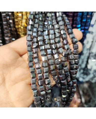 6mm İpe Dizili Küp Kristal Boncuk Metalik Kaplama Antrasit - 1 Dizi