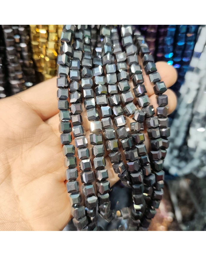 6mm İpe Dizili Küp Kristal Boncuk Metalik Kaplama Antrasit - 1 Dizi