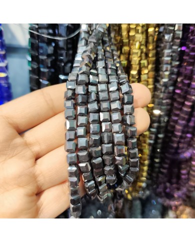 6mm İpe Dizili Küp Kristal Boncuk Metalik Kaplama Koyu Gri - 1 Dizi