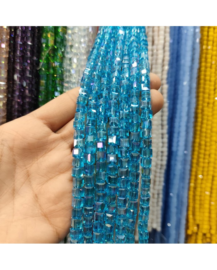 6mm İpe Dizili Küp Kristal Boncuk Şeffaf Okyanus Mavisi - 1 Dizi