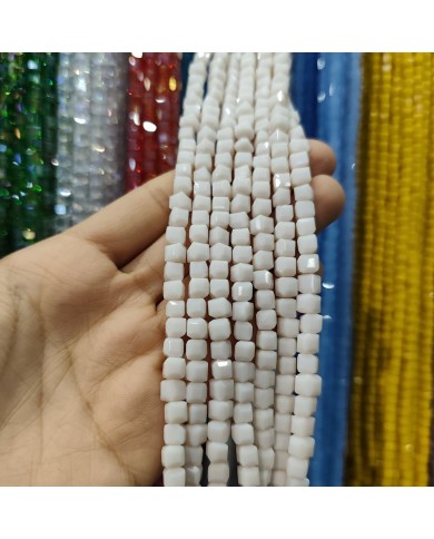 6mm İpe Dizili Küp Kristal Boncuk Mat Buz Beyazı - 1 Dizi