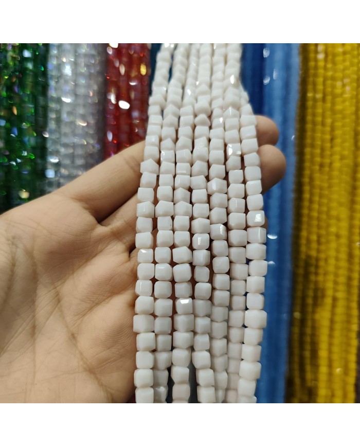 6mm İpe Dizili Küp Kristal Boncuk Mat Buz Beyazı - 1 Dizi