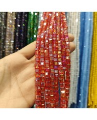 6mm İpe Dizili Küp Kristal Boncuk Şeffaf Açık Kırmızı - 1 Dizi