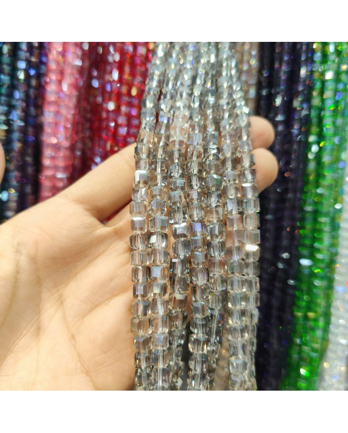 6mm İpe Dizili Küp Kristal Boncuk Şeffaf Vizon - 1 Dizi