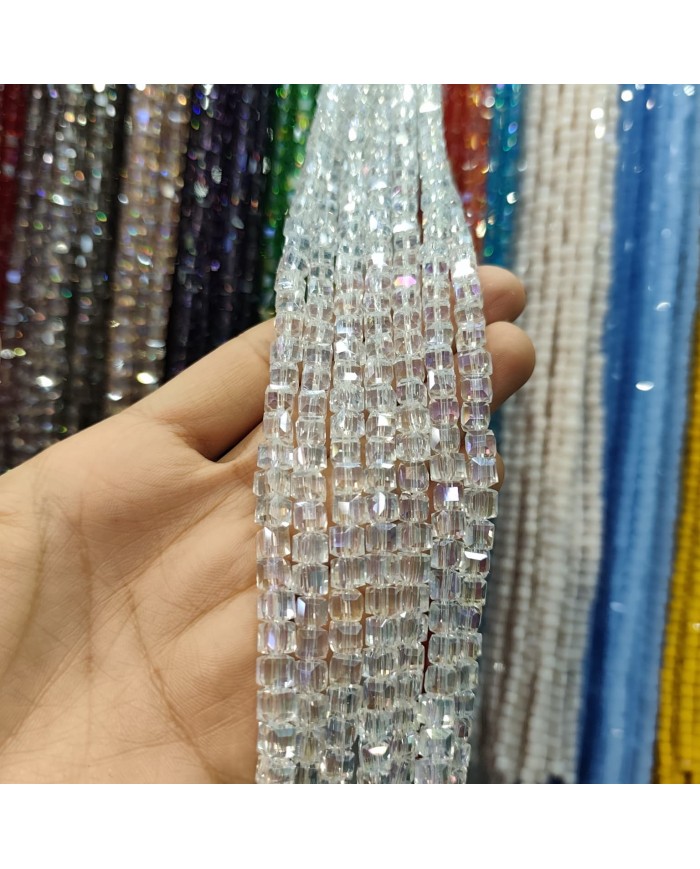 6mm İpe Dizili Küp Kristal Boncuk Şeffaf - 1 Dizi