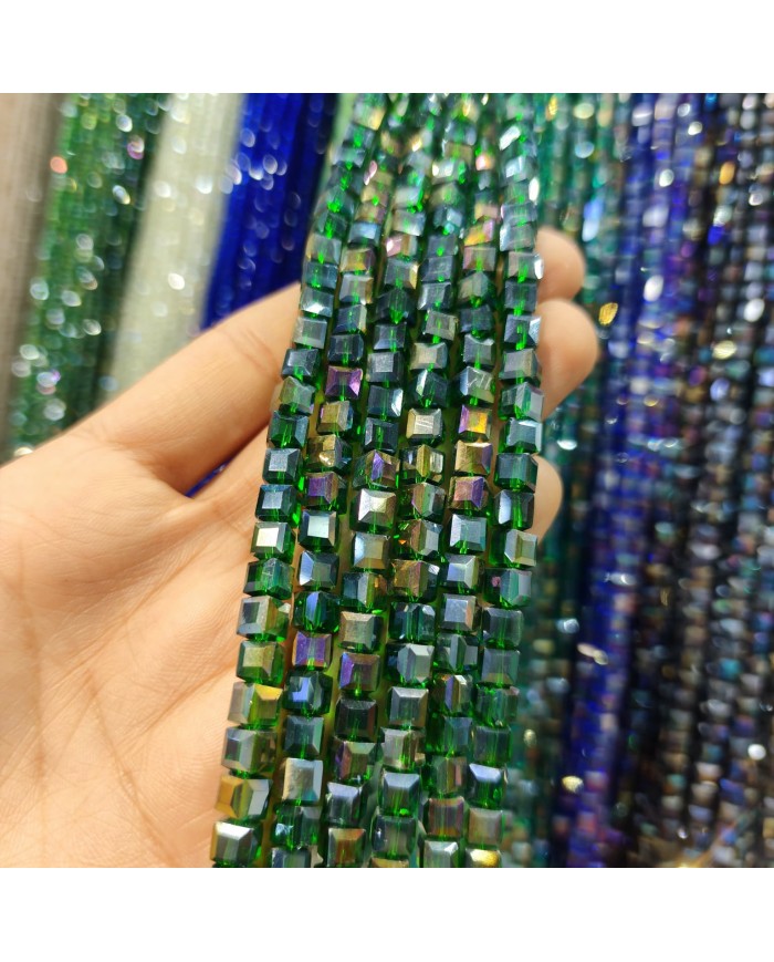 6mm İpe Dizili Küp Kristal Boncuk Metalik Kaplama Koyu Yeşil - 1 Dizi