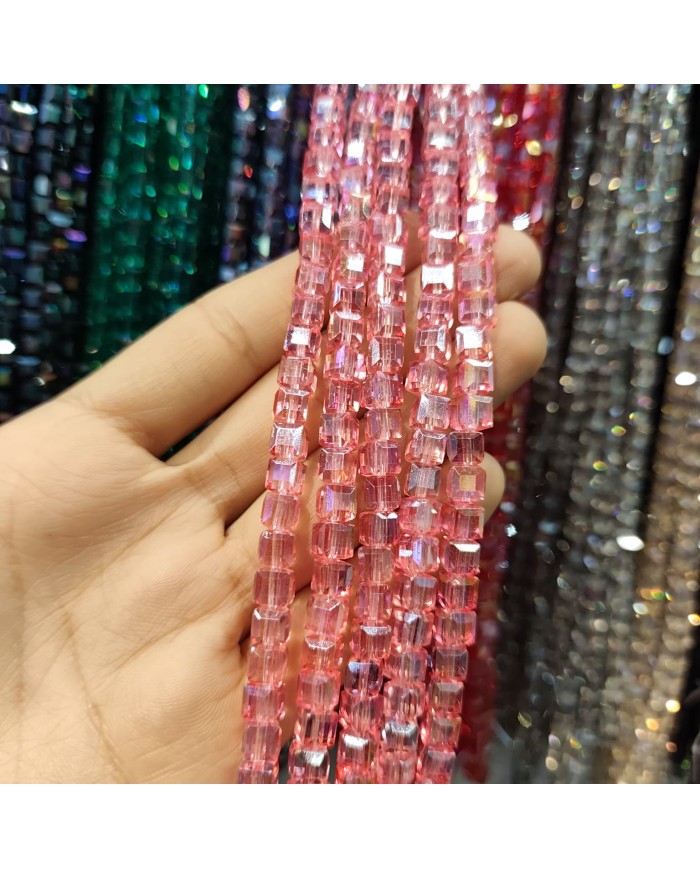 6mm İpe Dizili Küp Kristal Boncuk Şeffaf Açık Pembe - 1 Dizi