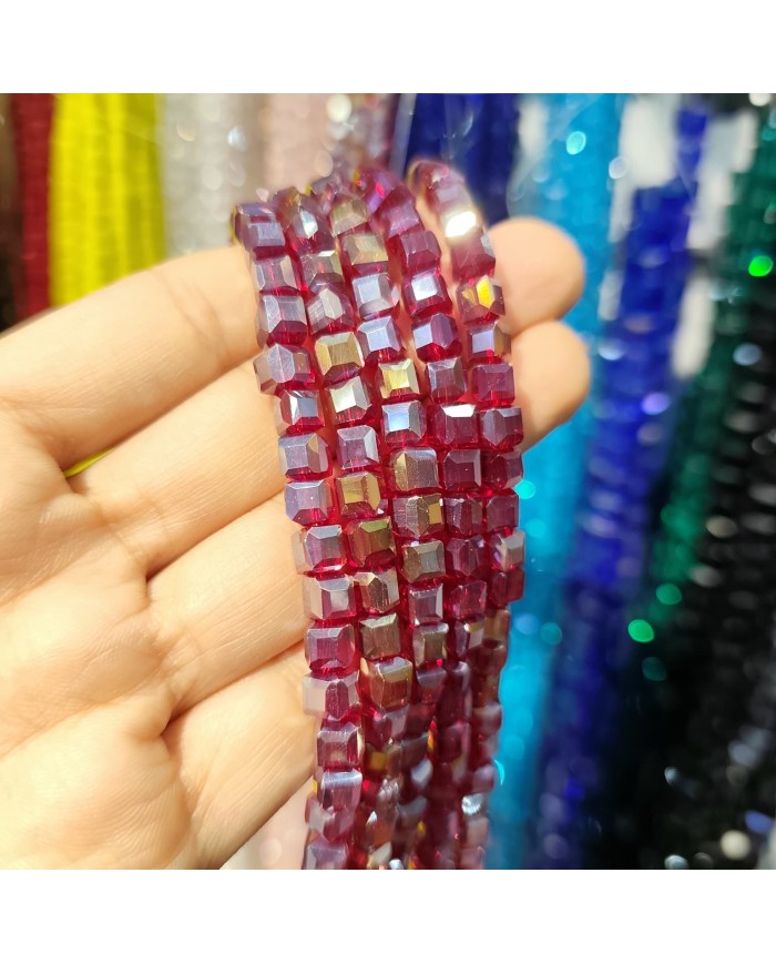 6mm İpe Dizili Küp Kristal Boncuk Şeffaf Koyu Kırmızı - 1 Dizi