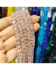 6mm İpe Dizili Küp Kristal Boncuk Şeffaf Pembe - 1 Dizi